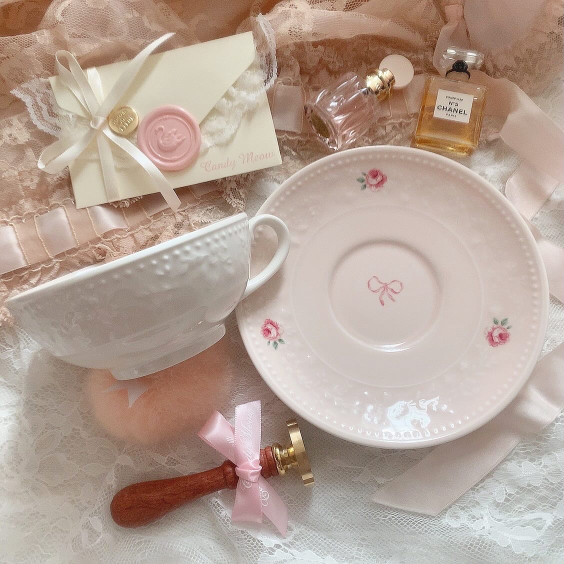 Rose ribbon cup&saucer